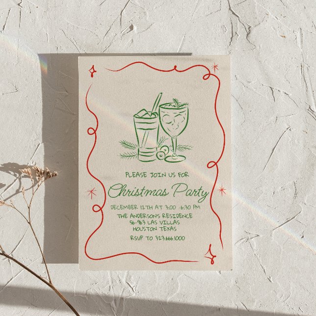Hand Drawn Green Red Christmas Cocktail Party Invitation (Creator Uploaded)