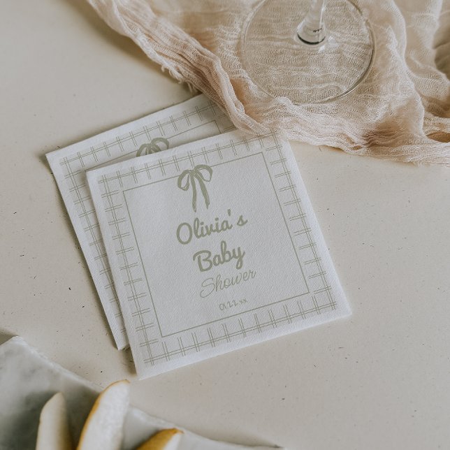 Hand Drawn Green Retro Gingham Bow Baby Shower Napkin (Creator Uploaded)