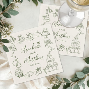 Hand Drawn Green Retro Wedding Napkin