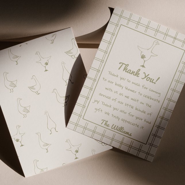 Hand Drawn Green Silly Goose Gingham Baby Shower Thank You Card (Creator Uploaded)