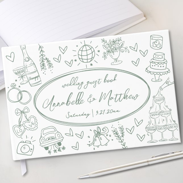 Hand Drawn Green Whimsical Wedding Guest Book (Hand Drawn Green Whimsical Wedding Guest Book)