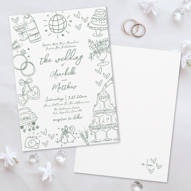Hand Drawn Green Whimsical Wedding Invitation (Hand Drawn Green Whimsical Wedding Invitation)