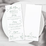 Hand Drawn Green Whimsical Wedding Menu<br><div class="desc">European Inspired Sage Green and White Whimsical Wedding Dinner Menu. This enchanting wedding menu card features a charming design inspired by Italian, French, and European aesthetics. A hand-drawn place setting illustration graces the top, while a champagne bottle and glass at the bottom are accented with scattered hearts for a romantic...</div>