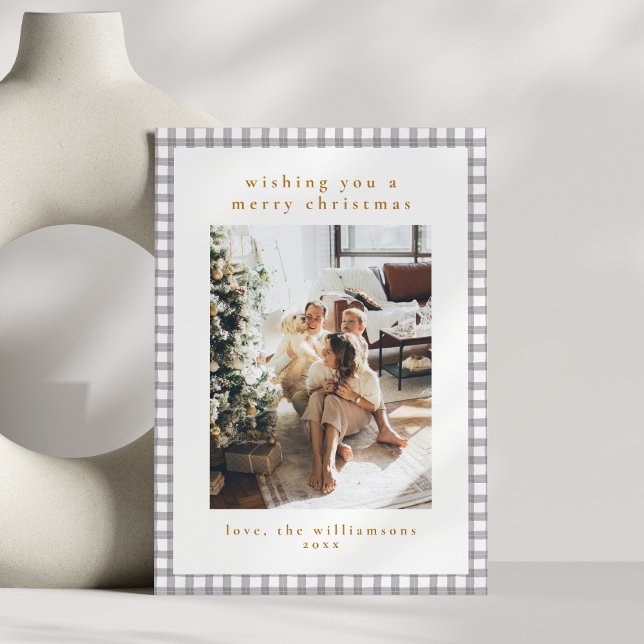 Hand Drawn Grey Gingham Family Christmas Photo Holiday Card (Creator Uploaded)
