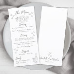 Hand Drawn Grey Whimsical Wedding Menu<br><div class="desc">European Inspired Grey and White Whimsical Wedding Dinner Menu. This enchanting wedding menu card features a charming design inspired by Italian, French, and European aesthetics. A hand-drawn place setting illustration graces the top, while a champagne bottle and glass at the bottom are accented with scattered hearts for a romantic and...</div>