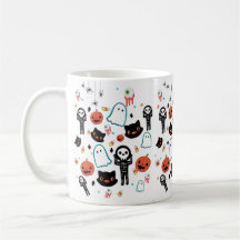 Hand Drawn Halloween Cat Skeleton Ghost Pattern