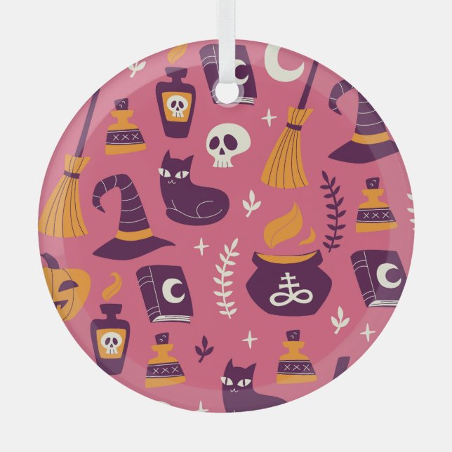 Hand-drawn Halloween, spooky seamless pattern. Glass Tree Decoration (Front)