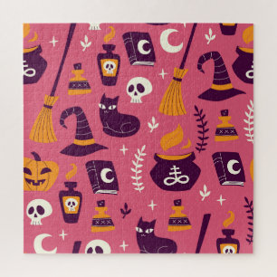 Hand-drawn Halloween, spooky seamless pattern. Jigsaw Puzzle
