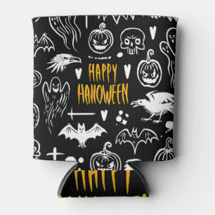 Hand-drawn Halloween symbols, vintage collection. Can Cooler