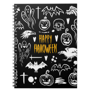 Hand-drawn Halloween symbols, vintage collection. Notebook