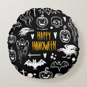 Hand-drawn Halloween symbols, vintage collection. Round Cushion