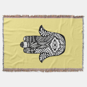 Hand Drawn Hamsa Hand of Fatima on Yellow Throw Blanket