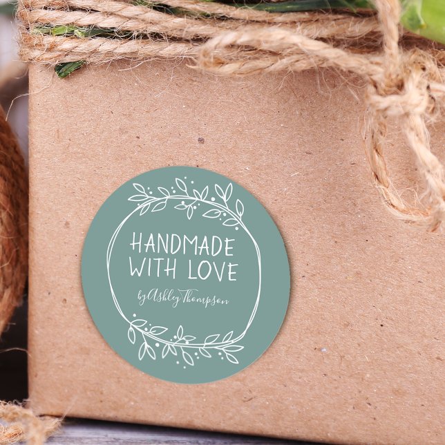 Hand Drawn Handmade With Love Personalised Teal Classic Round Sticker (Creator Uploaded)