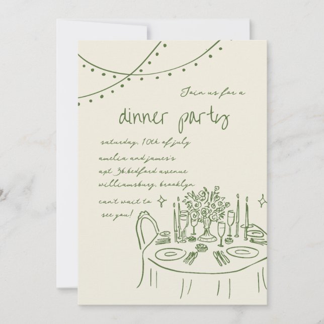 Hand drawn & Handwritten whimsical Dinner wedding Invitation (Front)