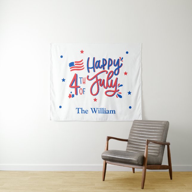 Hand Drawn Happy 4th of July Red White and Blue Tapestry (In Situ (Horizontal))