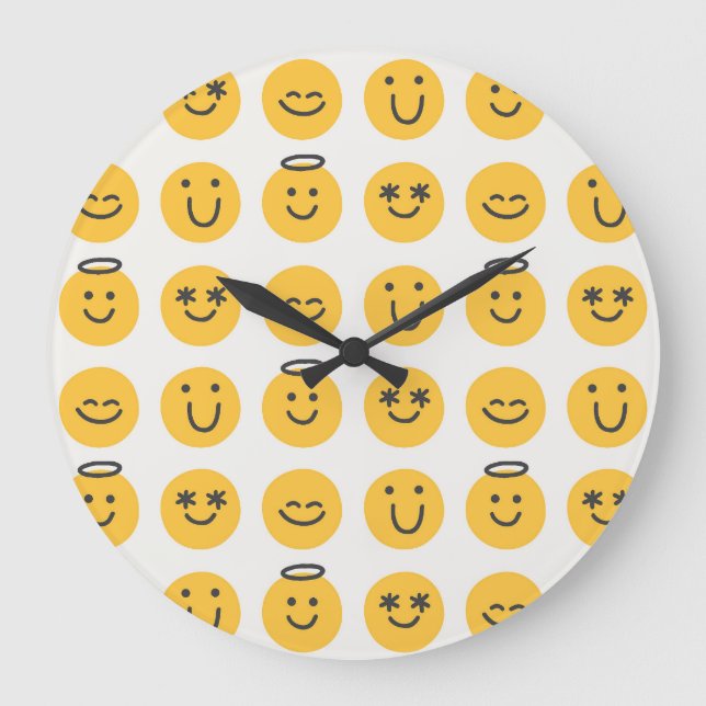 Hand Drawn Happy Emoji Pattern Large Clock (Front)