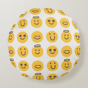 Hand Drawn Happy Emoji Pattern Round Cushion