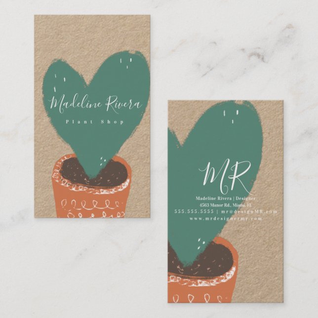 Hand Drawn Heart Cactus Plant Shop Botanical Business Card (Front/Back)
