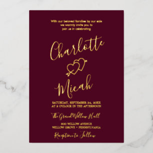 Hand Drawn Heart Gold Foil Text Burgundy Wedding