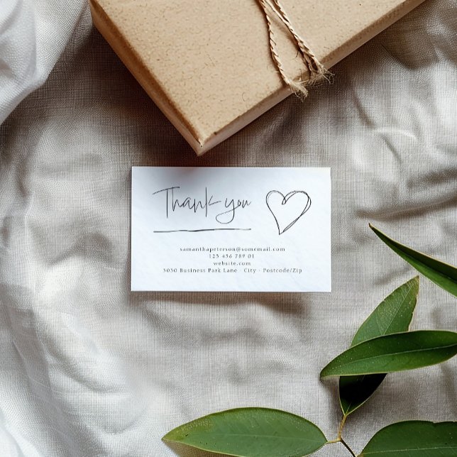Hand drawn heart thank you customer enclosure card (Minimalist thank you card with heart and contact details on kraft gift box.)