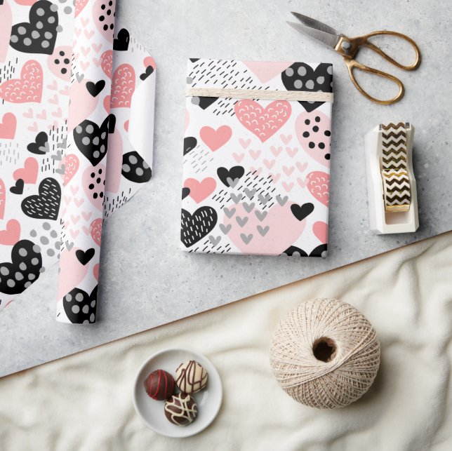 Hand Drawn Hearts and Dots Pattern ID471 Wrapping Paper (Crafts)