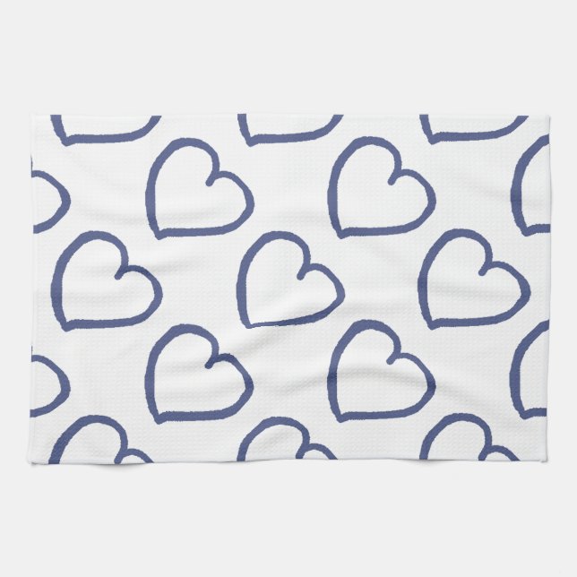 Hand drawn hearts design dark blue on white tea towel (Horizontal)
