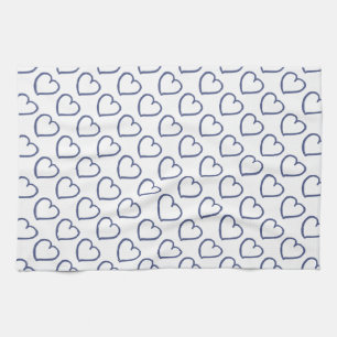 Hand drawn hearts design dark blue on white tea towel
