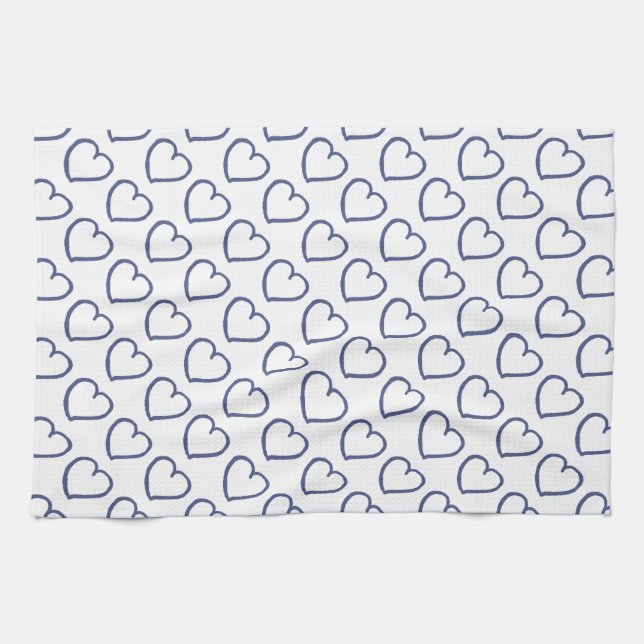 Hand drawn hearts design dark blue on white tea towel (Horizontal)