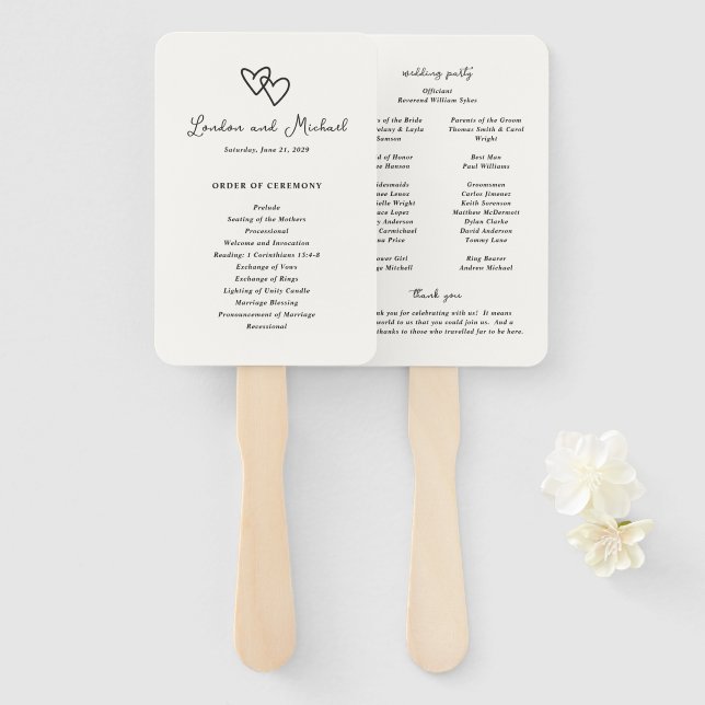 Hand Drawn Hearts Doodle Modern Wedding Program Hand Fan (Front and Back)