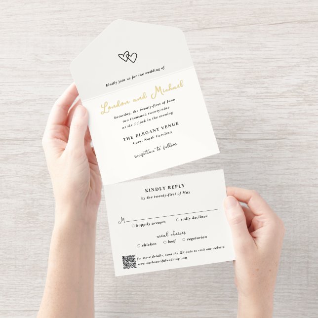 Hand Drawn Hearts Doodle QR Code Modern Wedding All In One Invitation (Tearaway)