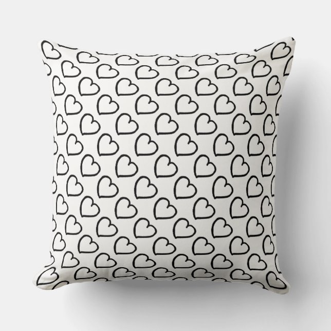 Hand drawn hearts pattern black on white cushion (Front)