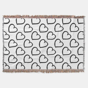Hand drawn hearts pattern black on white throw blanket