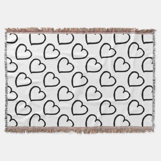 Hand drawn hearts pattern black on white throw blanket (Front)