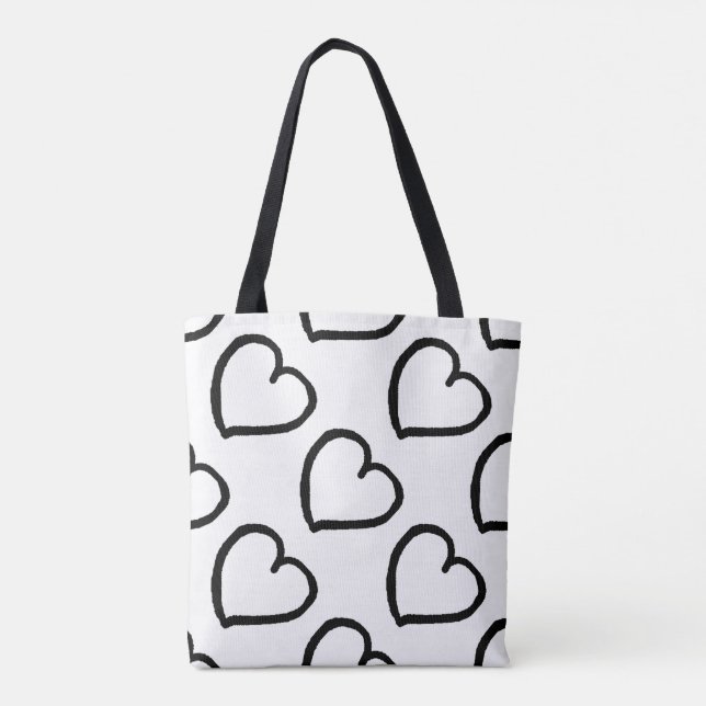 Hand drawn hearts pattern black on white tote bag (Back)