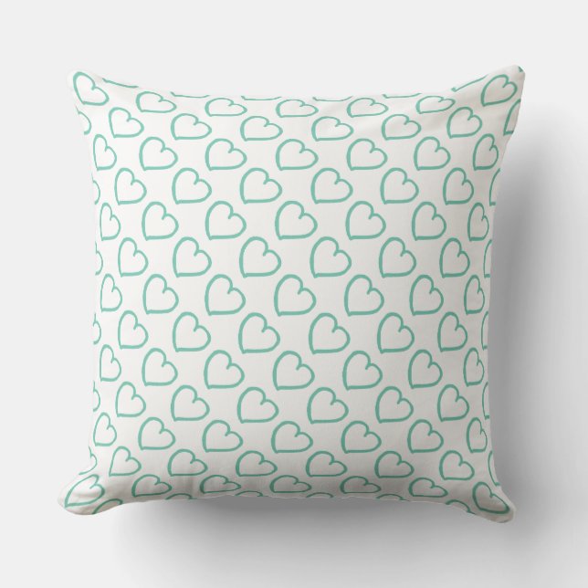Hand drawn hearts pattern blue on white cushion (Front)