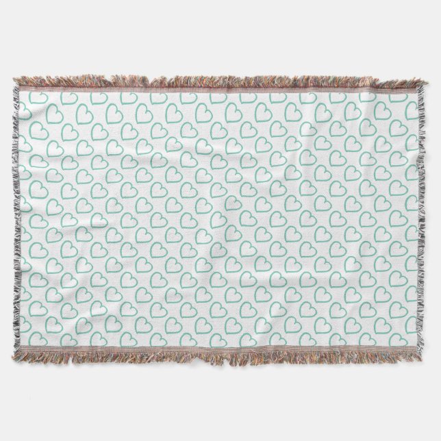 Hand drawn hearts pattern blue on white throw blanket (Front)