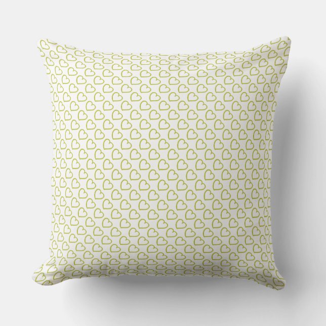 Hand drawn hearts pattern green on white cushion (Front)