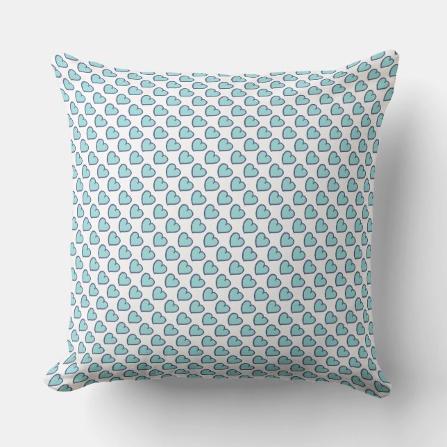 Hand drawn hearts pattern light dark blue on white cushion (Front)