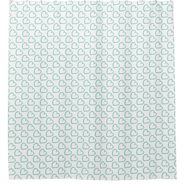 Hand drawn hearts pattern turquoise blue on white shower curtain (Front)