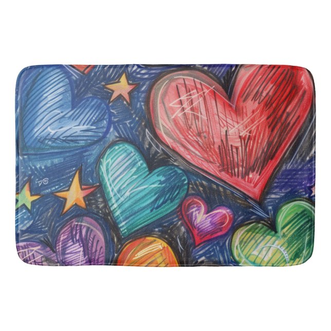 Hand Drawn Hearts & Stars Bath Mat (Front)