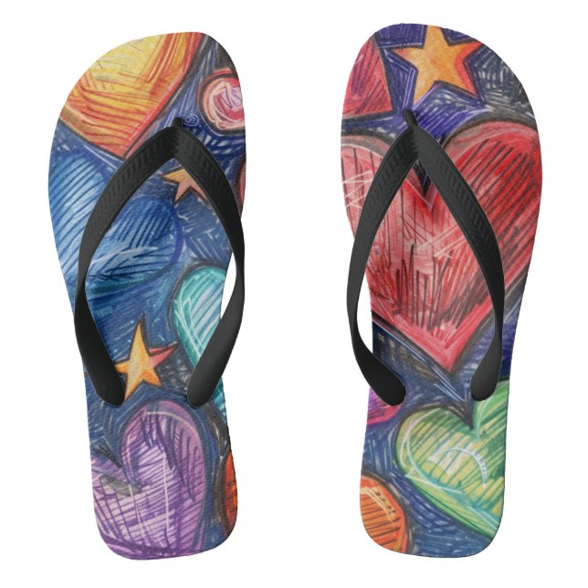 Hand Drawn Hearts & Stars Flip Flops (Footbed)