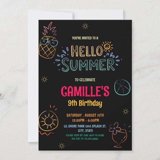 Hand drawn  Hello summer  Birthday Invitation (Front)