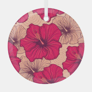 Hand Drawn Hibiscus Flowers Vintage Glass Tree Decoration