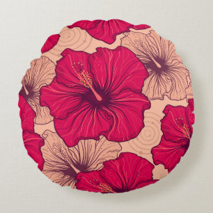 Hand Drawn Hibiscus Flowers Vintage Round Cushion