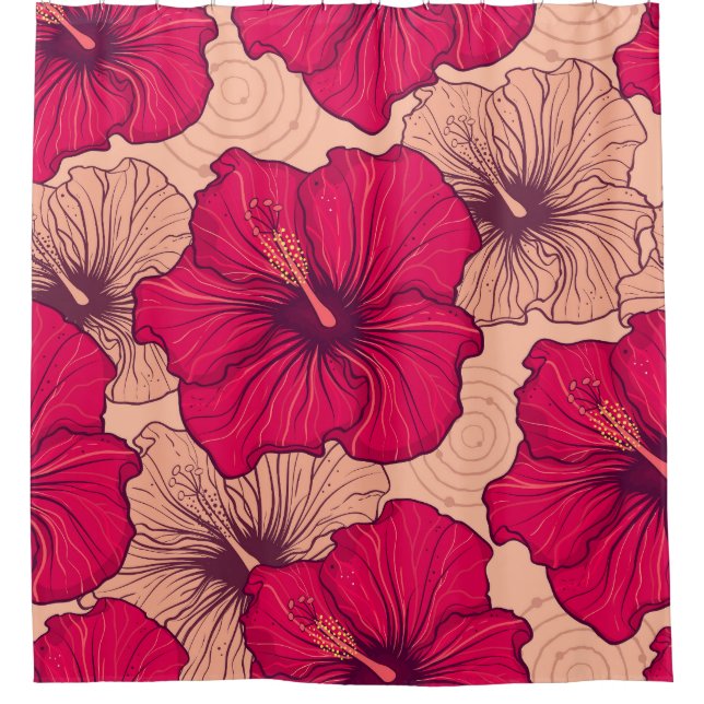 Hand Drawn Hibiscus Flowers Vintage Shower Curtain (Front)