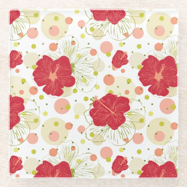 Hand Drawn Hibiscus Pattern Glass Coaster (Front)