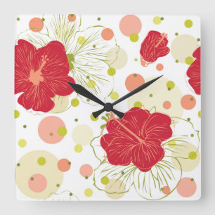 Hand Drawn Hibiscus Pattern Square Wall Clock