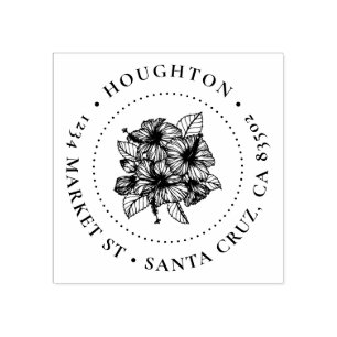 Hand-drawn Hibiscus Round Family Return Address Rubber Stamp