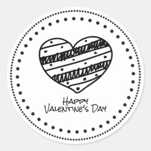 Hand-Drawn Hip Black & White Heart Happy Valentine Classic Round Sticker