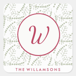Hand-drawn Holiday Branches Red Monogram Square Sticker